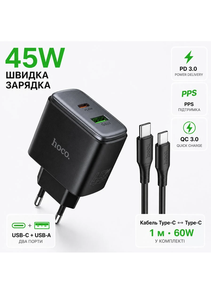 Мережевий зарядний пристрій C158A 45W PD 3.0 PPS QC3.0 USB-C + USB-A з кабелем USB Type-C to Type-C 1 м, швидка зарядка Hoco (402880776)