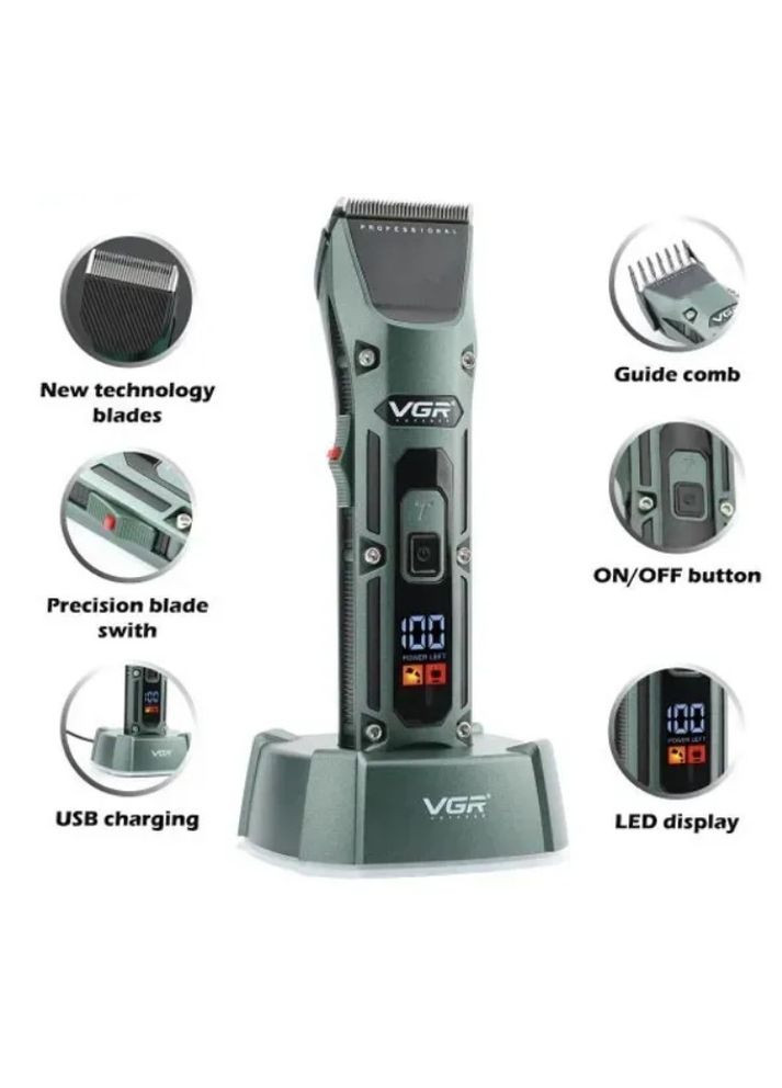 Машинка для стрижки волосся з цифровим дисплеєм та насадками акумуляторна 5 Вт зелений (2390000051) VGR V-696 (345562783)