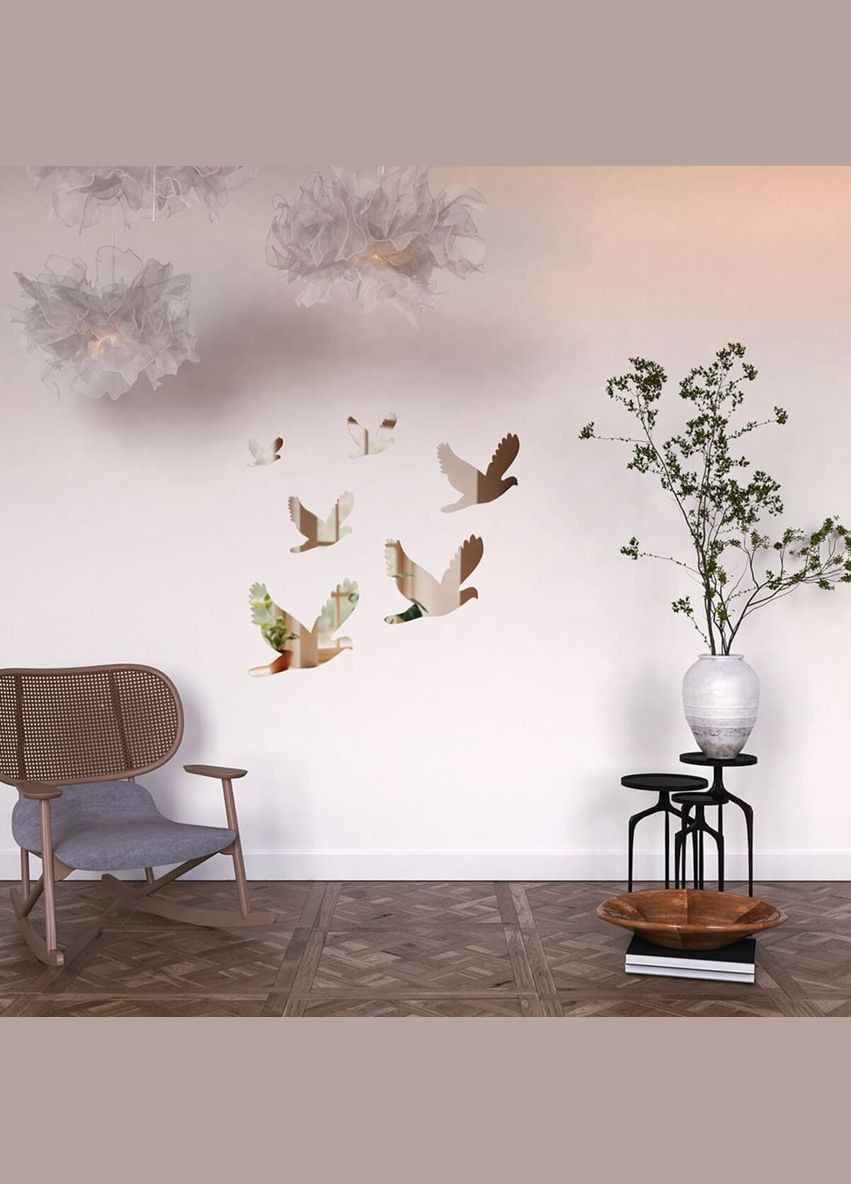 Дзеркальний декор акриловий самоклеючий Птахи срібло, 6шт (D) SW-00002520 Sticker Wall (370441607)