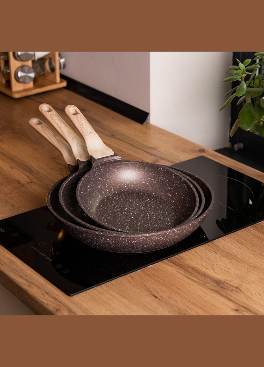 Набор сковородок из 3 предметов с толстым дном из алюминия кофейный HP-4-410CO MGC (306848978)