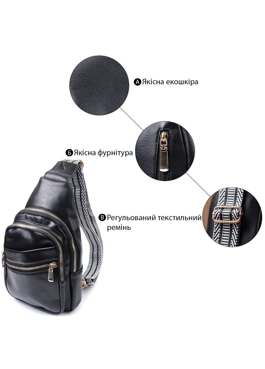 Цікава жіноча сумка з однією лямкою через плече з екошкіри 22759 Чорний Vintage (303877233)