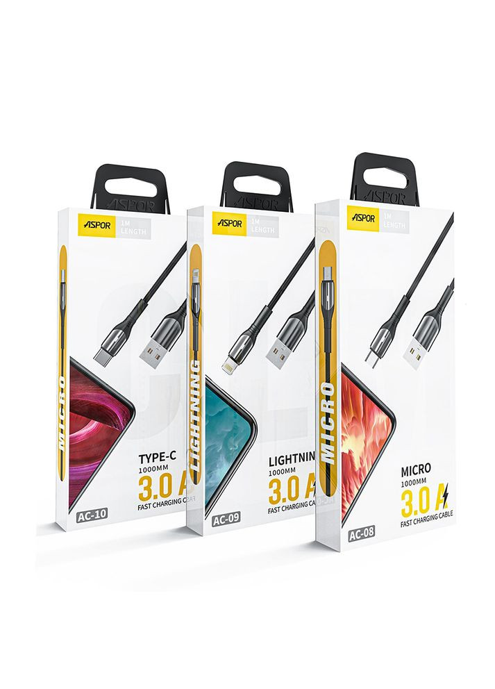 Кабель AC-09 Nylon LED USB – Lightning (3A/1м)- черный Aspor (367602655)