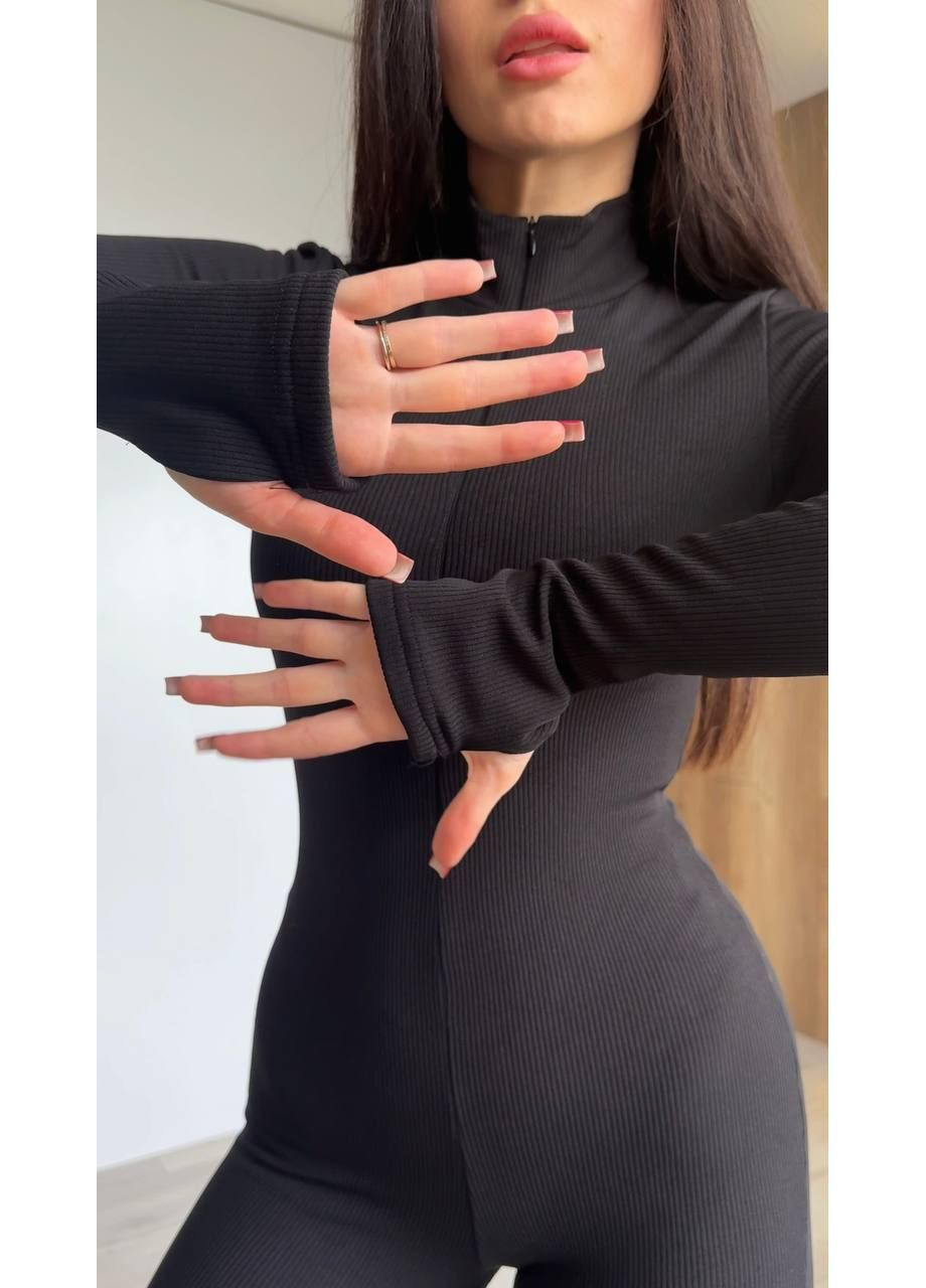 Жіночий комбінезон із трикотажної тканини в рубчик на флісі No Brand комбінезон-брюки чорний повсякденний трикотаж з начосом