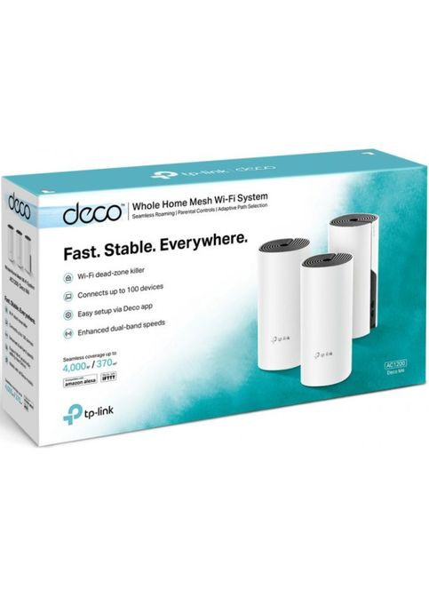 Точка доступу Wi-Fi DECO E4 3 pcs AC1200, 2xFE LAN/WAN, MESH, MU-MIMO, Beamformi (DECO-E4-3-PACK) TP-Link DECO E4 3 pcs AC1200, 2xFE LAN/WAN, MESH, MU-MIMO, (370169001)