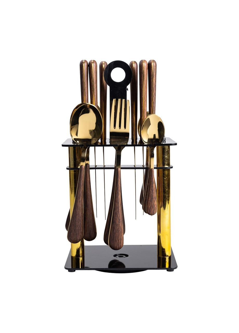 Набір столових приборів на 6 персон з дерев'яними ручками на підставці столові прибори 24 шт Золото HP-20-2 (A-033699) Yiwu (352274558)