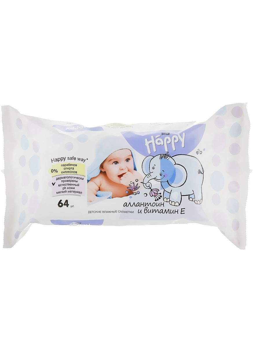 Вологі серветки c вітаміном Е, 64 шт Happy Vit E & Allantoin 64шт (150067-27062948) Bella Baby (368644084)