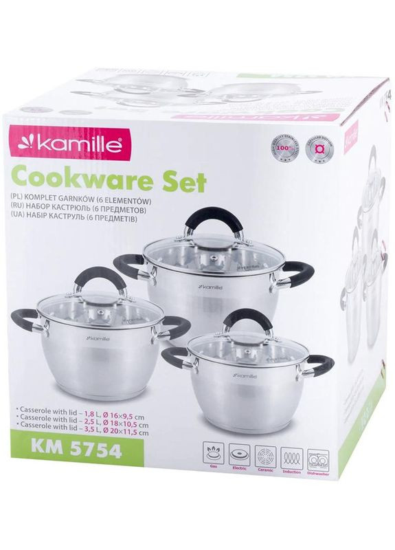 Набор кастрюль из нержавеющей стали 3 штуки с силиконовыми ручками для готовки и запекания Kamille (368991169)