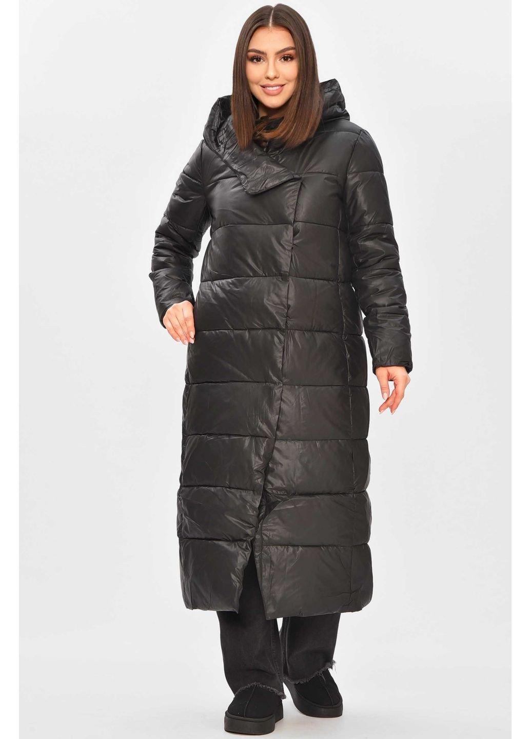 Темно-сіра зимня куртка жіноча подовжена зима чорного кольору Let's Shop
