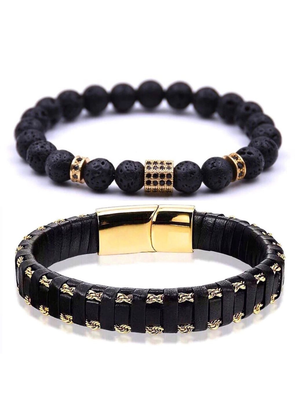 Комплект браслетов из кожи с застежкой золотого цвета и лавового камня с многогранником и дисками (12077) Hemst (301070972)