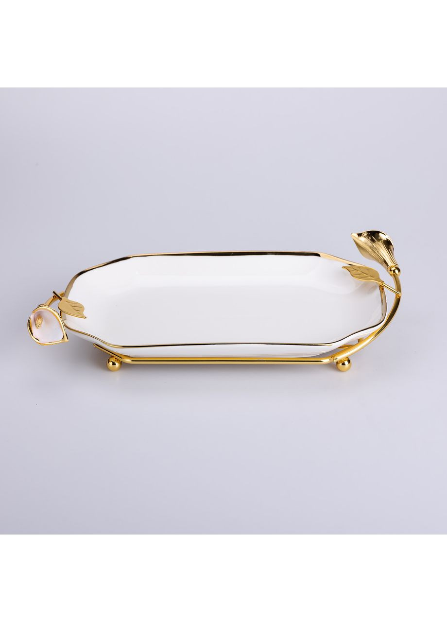 Керамическая фруктовница на подставке 26×15×3.5 см Белая с золотом Yiwu (360455069)