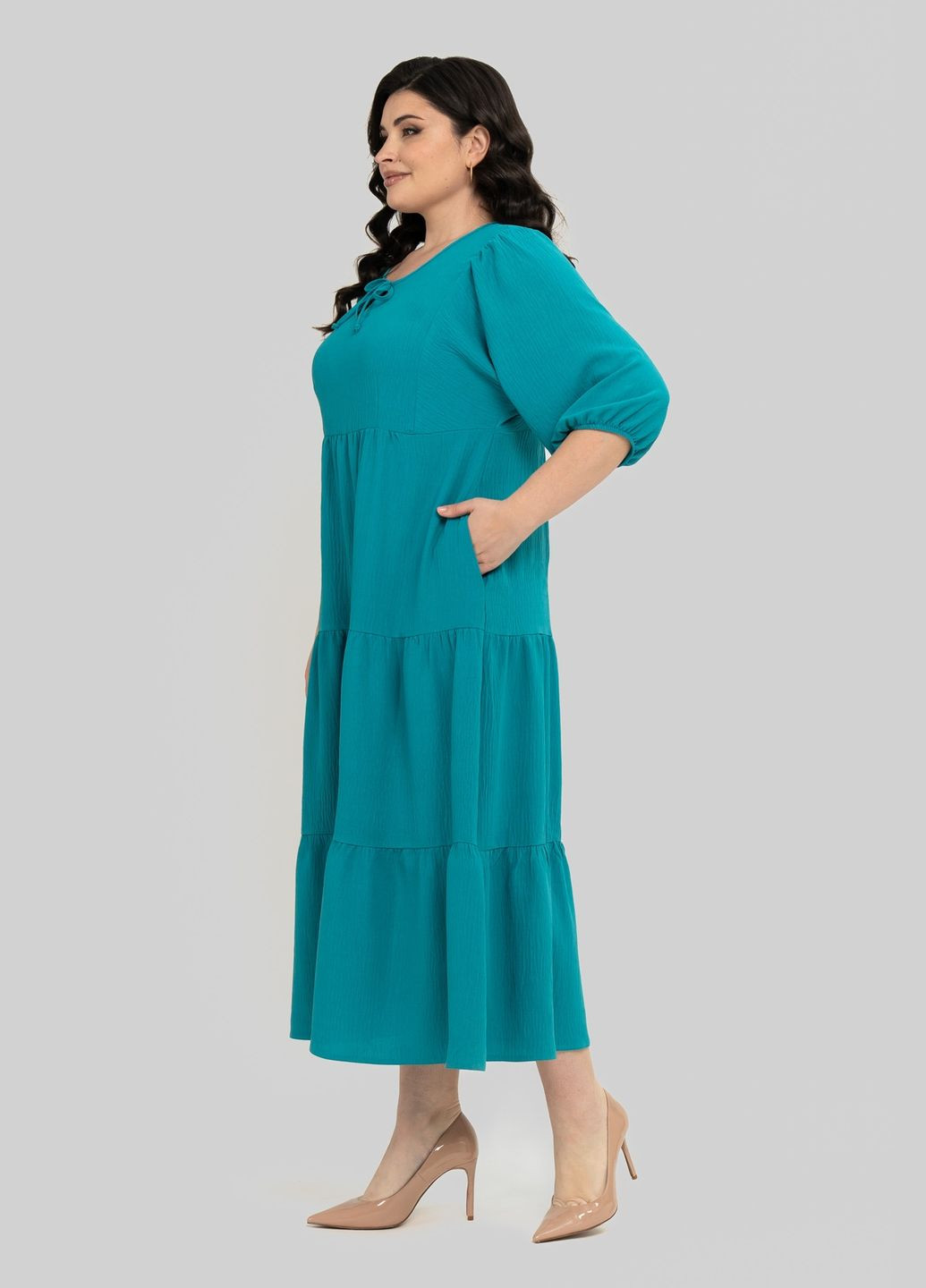 Бирюзовое повседневный платье прямого силуэта из американского крепа горловина-капелька с завязкой на шнурок all posa (ap102345p) A'll Posa