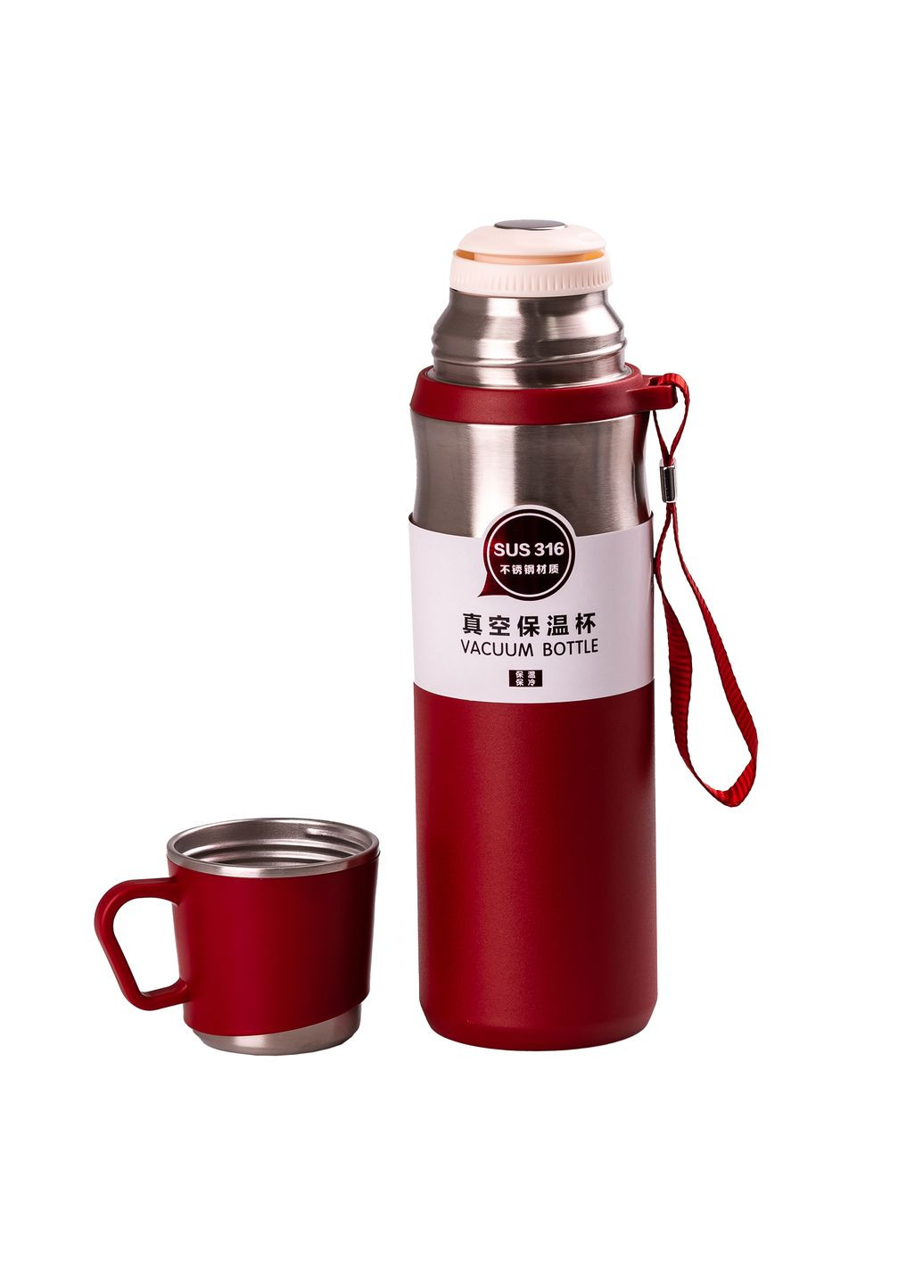 Термос 600 мл с чашкой и ремешком, красный Happy Life HPGM80155R No Brand (360481714)