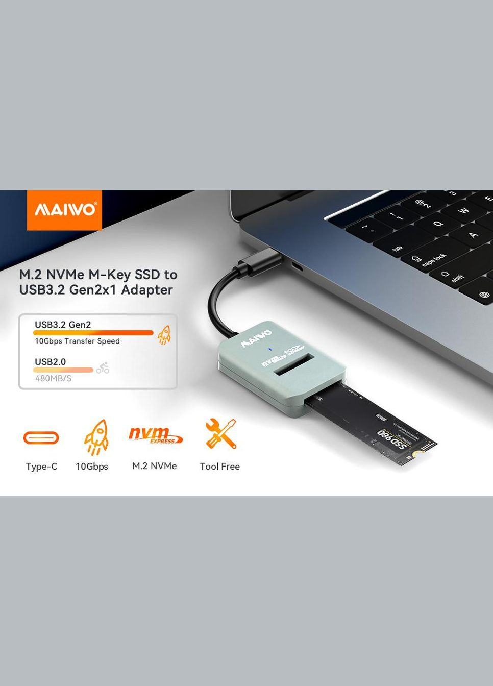 Док-станция Maiwo для M.2 NVMe (PCIe) USB 3.1 Type-C (K1696P 6402) Серая XON E-Tech (304547226)