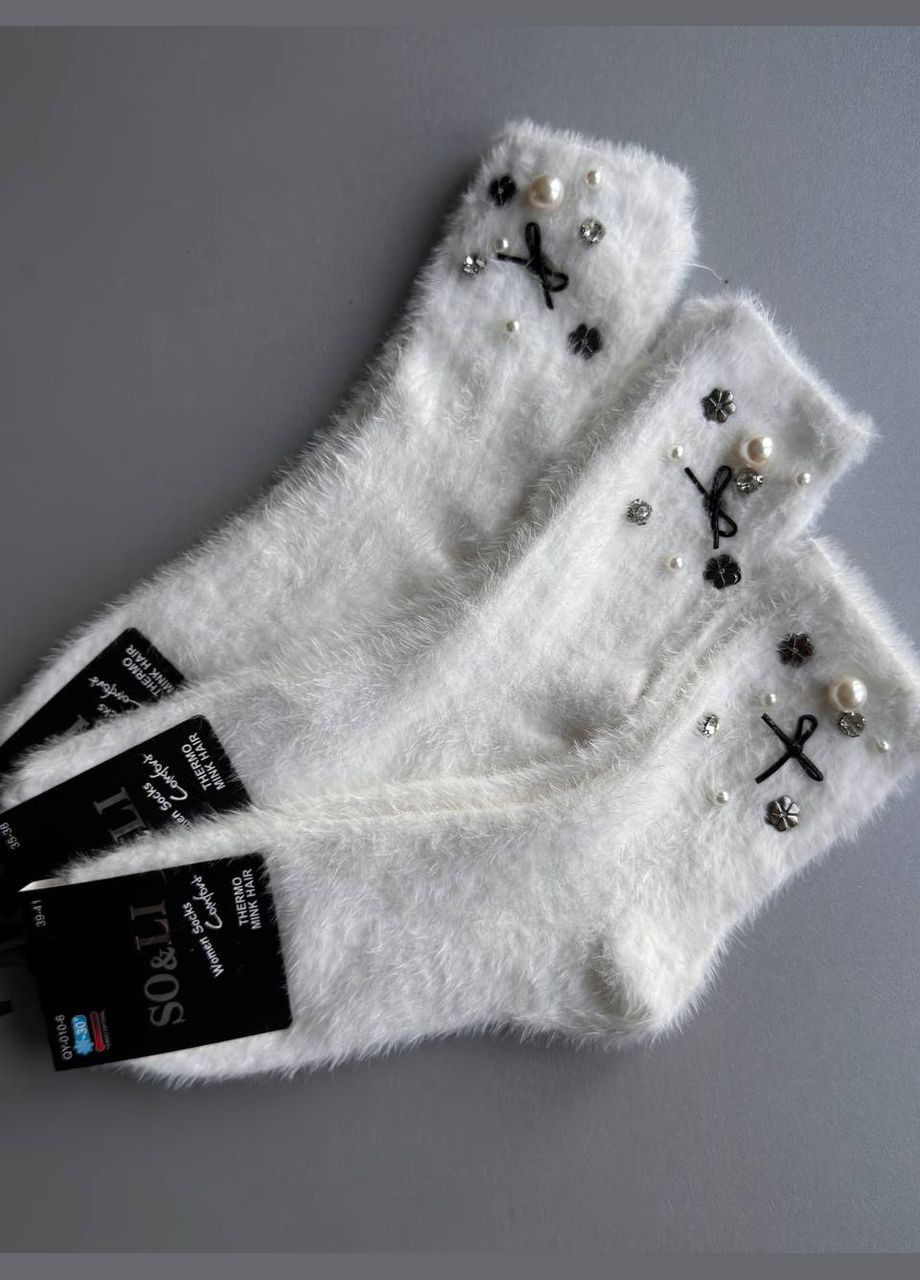 Белые 1 пара пушистые норковые теплые носки с декором. (311810455)