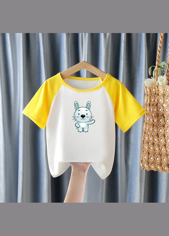 Желтая демисезонная футболка детская двухцветная с зайцем ( 90см ) (12143) Qoopixie