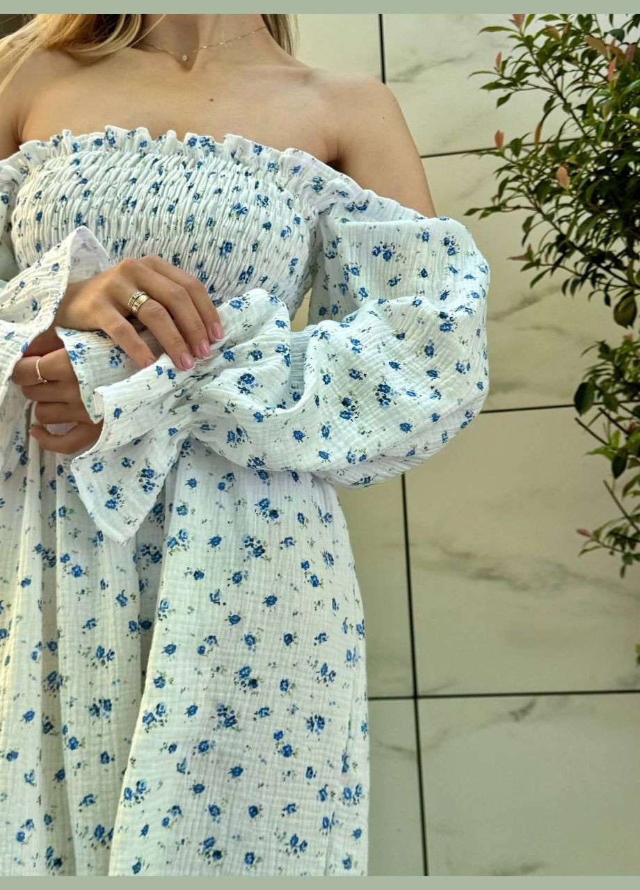 Блакитна повсякденний жіноча сукня FINO Mode з квітковим принтом