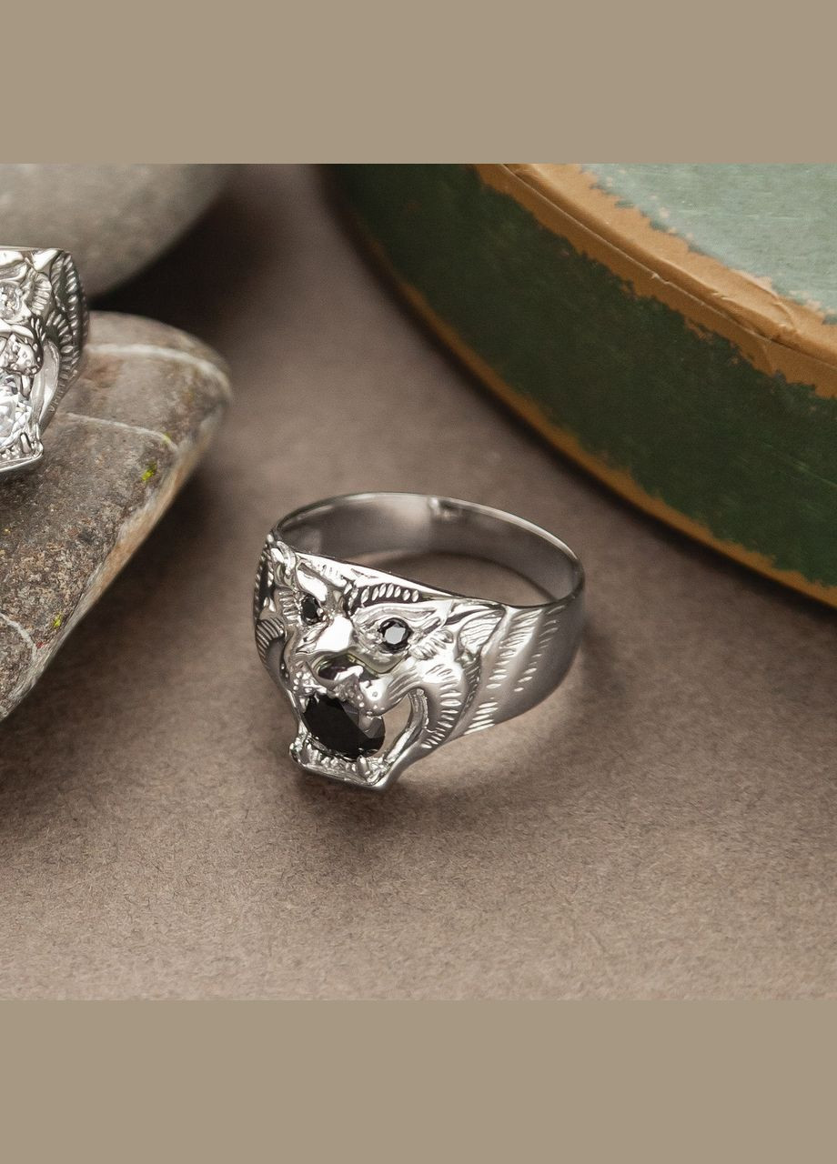 Перстін срібний чоловічий оскал тигра з чорними фіанітами різного розміру 22.5 No Brand (333705533)