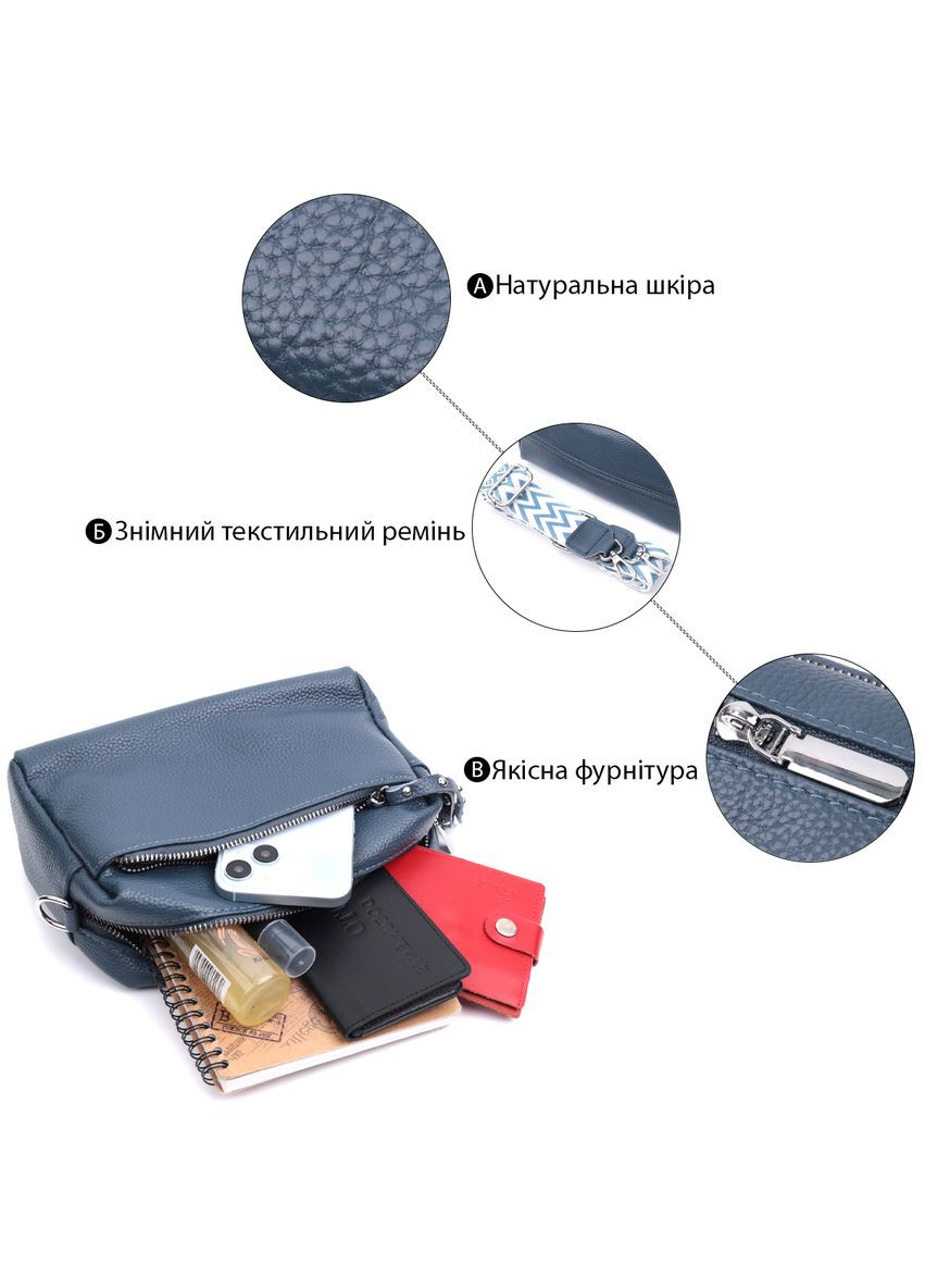 Женская кожаная сумка из стильным бегунком 22652 Синяя Vintage (331910525)