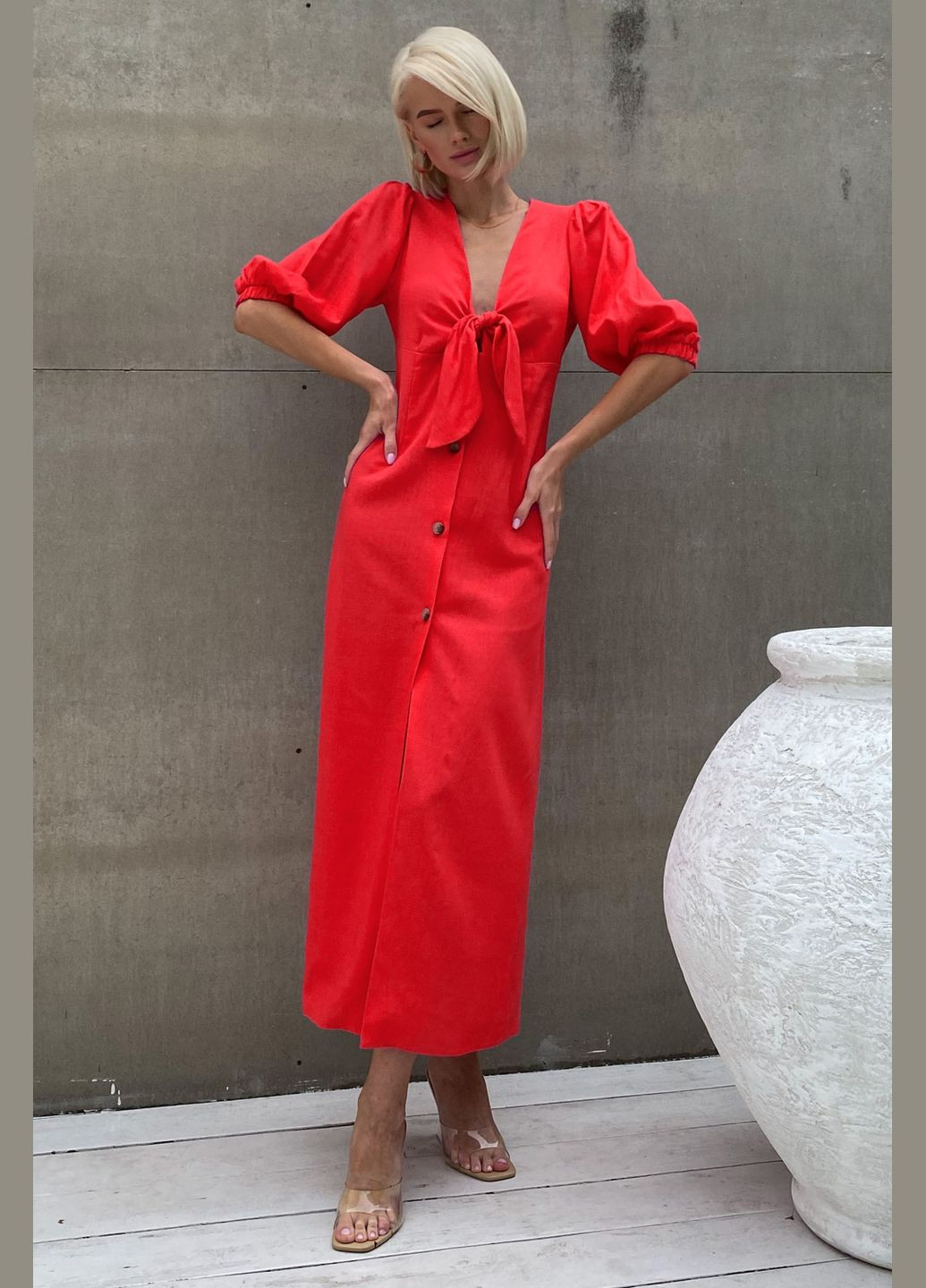 Красное повседневный, кэжуал нежное и женственное платье из льна. Jadone Fashion однотонное