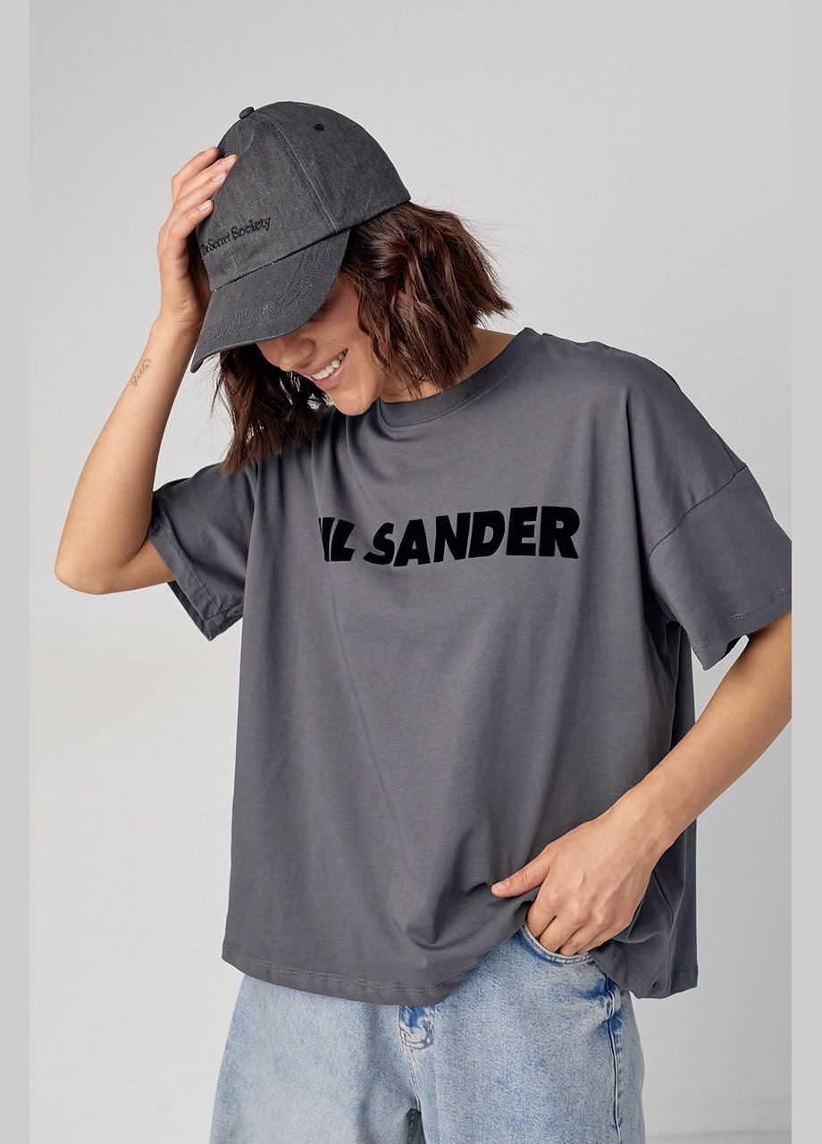 Темно-серая летняя трикотажная футболка с надписью jil sander 321032 с коротким рукавом Lurex
