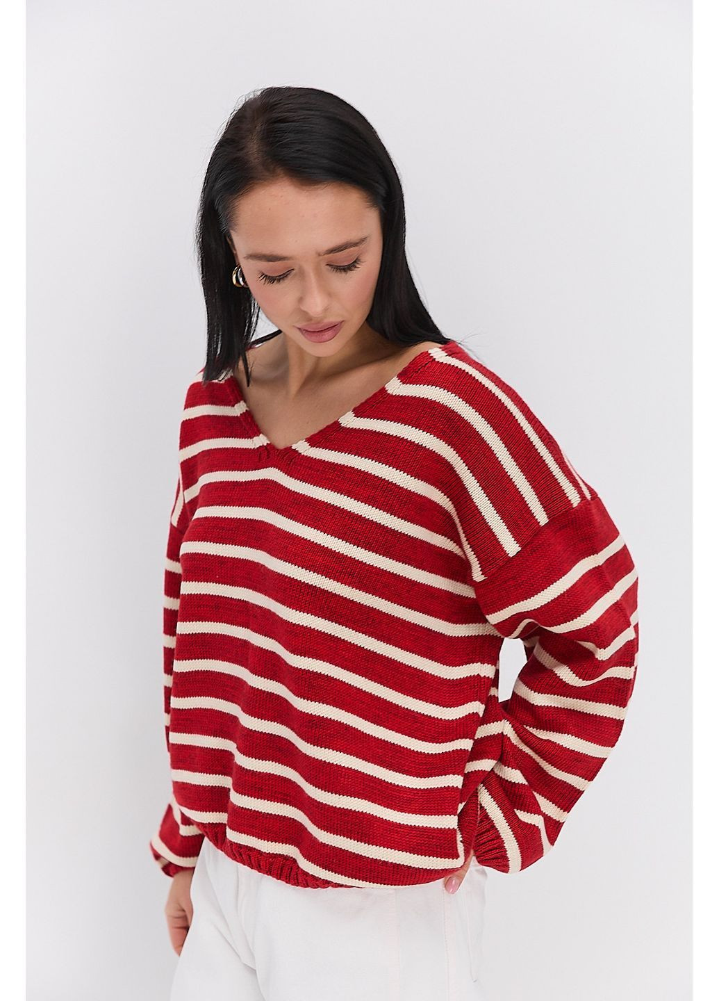 Вязаный женский пуловер oversize темно-красный в молочную полоску Arjen (370601770)