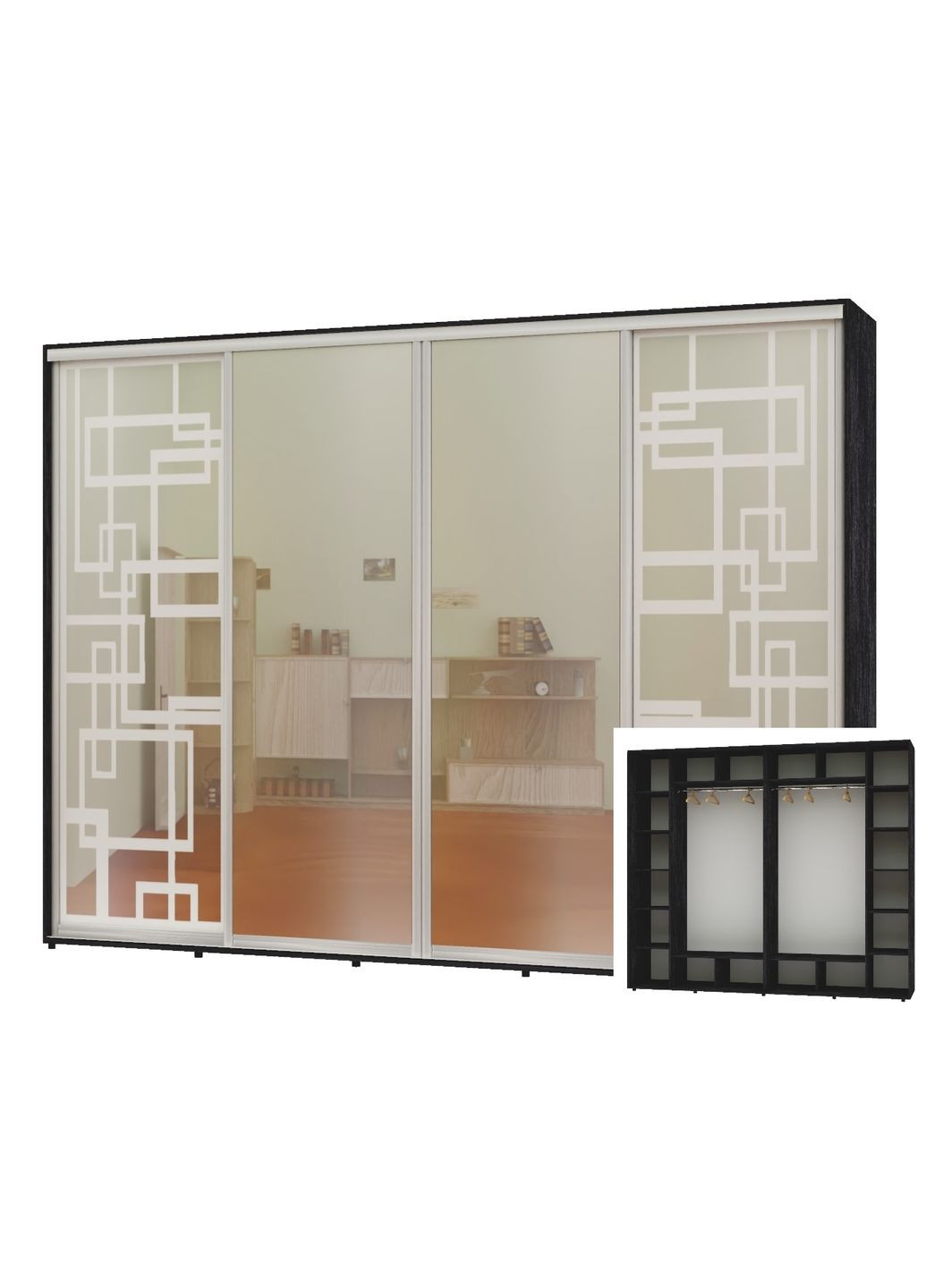 Шафа-купе чотиридверна 360*60*240 Бетон темний 2 Дзеркала з піскострумним малюнком/2 Дзеркала Алекса (360477383)