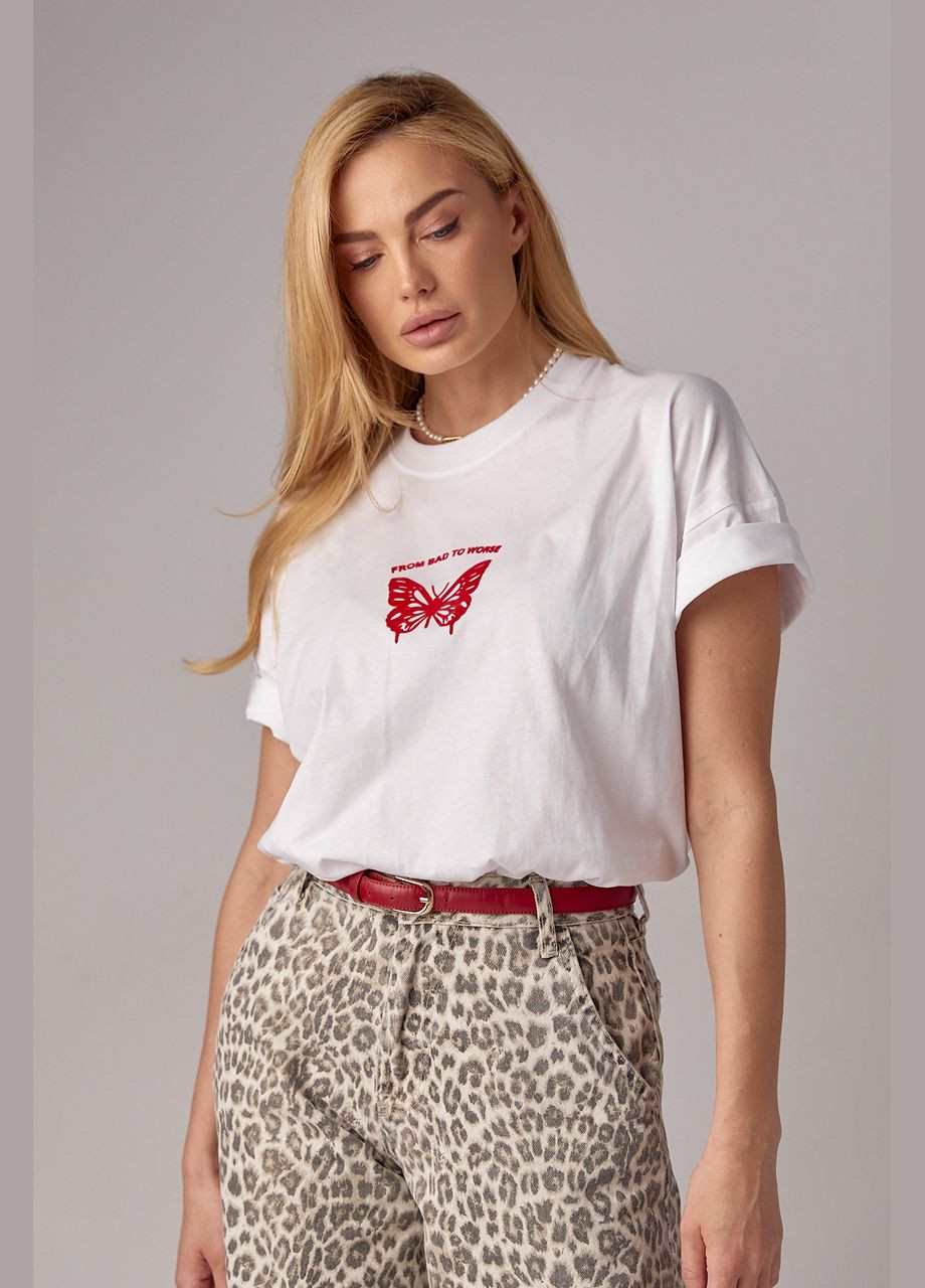 Белая летняя женская футболка oversize с принтом бабочки Lurex