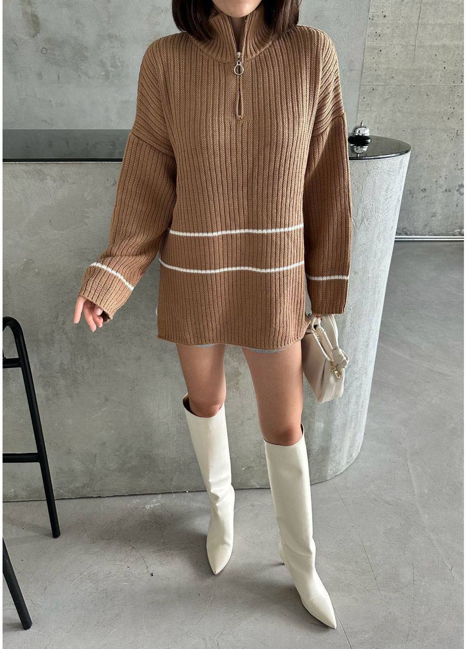 Бежевый женский удлинённый свитер на молнии No Brand Б1466-061/2