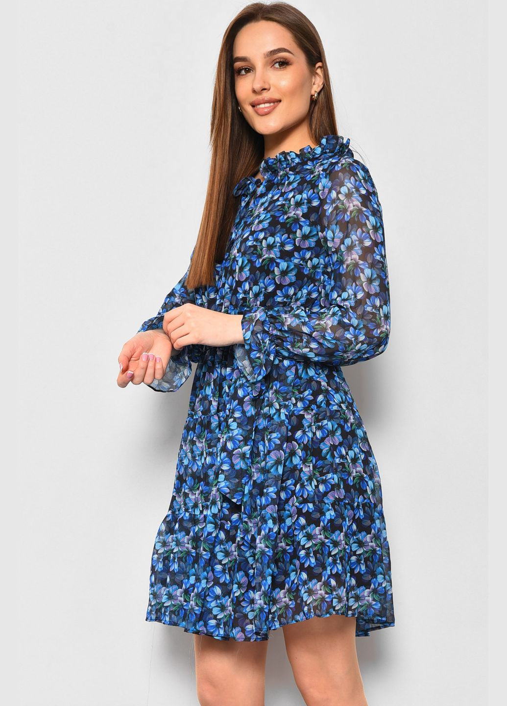 Синя кежуал сукня жіноча шифонова синього кольору з принтом балон Let's Shop з квітковим принтом