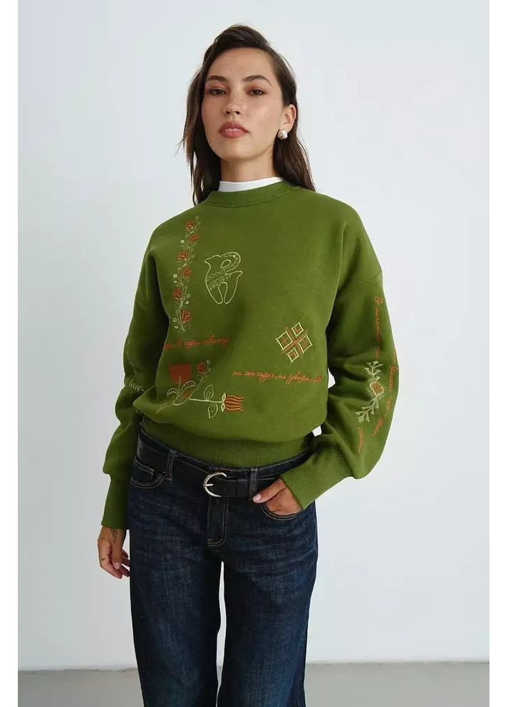 Оливковий жіночий утеплений світшот з українськими орнаментами mkrm4288 Rica Mare (362575381)
