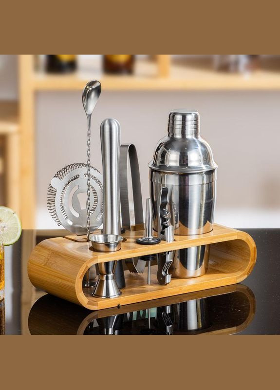 Набір для бару BAR для приготування коктейлів з дерев'яною підставкою 750 мл 10 предметів Сріблястий (C051210) B.A.R. (349843695)