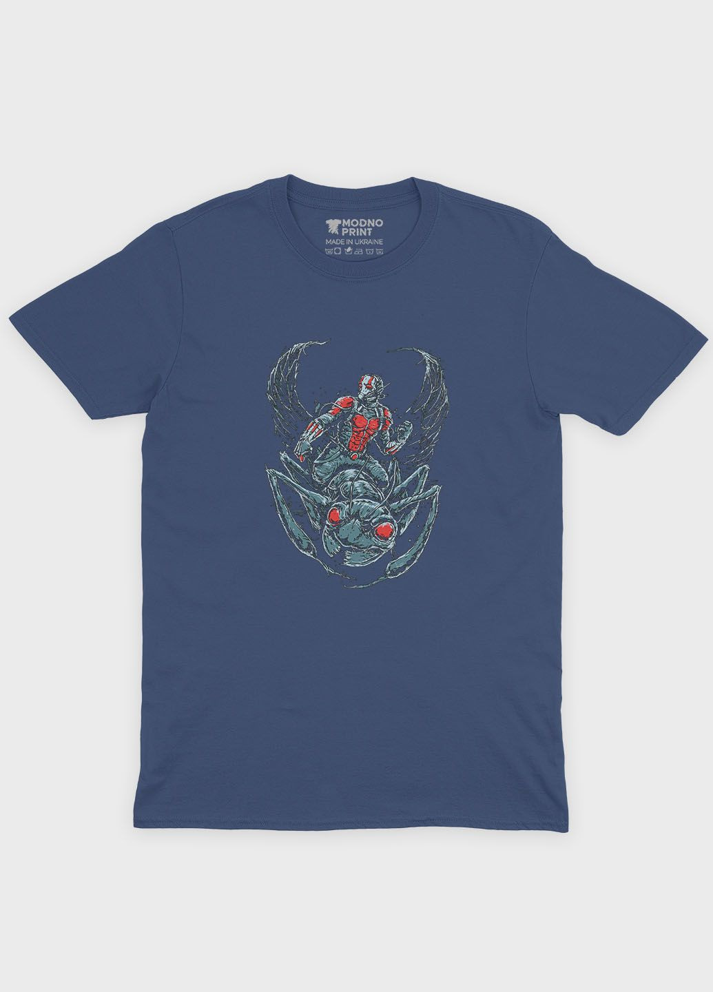 Темно-синяя демисезонная футболка для мальчика с принтом супергероя - человек муравей (ts001-1-nav-006-026-001-b) Modno