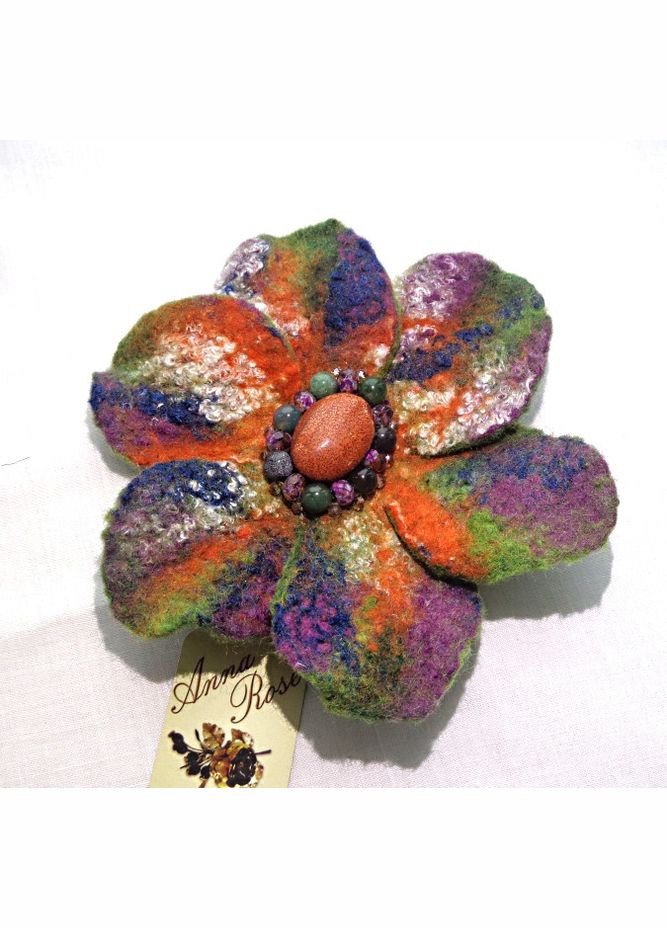 Войлочная брошь цветок ручной работы с яшмой "Зеленая Ветреница" No Brand (349842744)