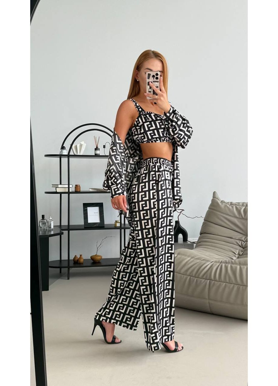 Чорно-біла жіноча шовкова піжама трійка Osoblyva