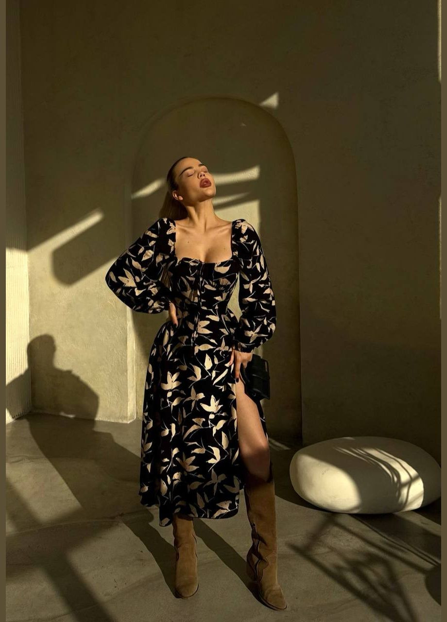 Чорна коктейльна, ділова, повсякденний, кежуал, вечірня жіноча сукня кльош FINO Mode з квітковим принтом