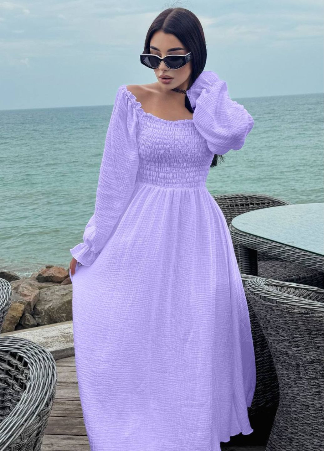 Бузкова повсякденний вишукана легка літня максі сукня з довгими рукавами ліхтарик Tik-Tak однотонна