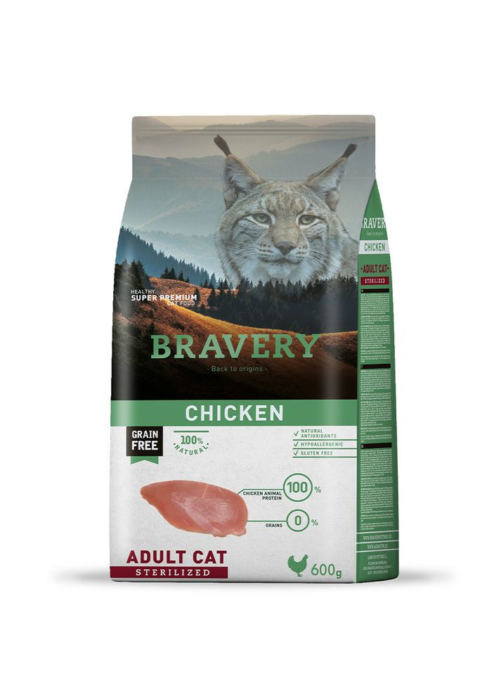 Chicken Adult Cat Sterilized, корм для дор. котів стерилізованих, з куркою 600 гр Bravery (336434453)