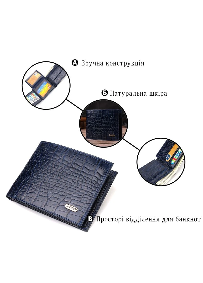 Красивый кошелек для мужчин из натуральной кожи с тиснением под крокодила CANPELLINI Синий Верховинка 21924 (398257624)