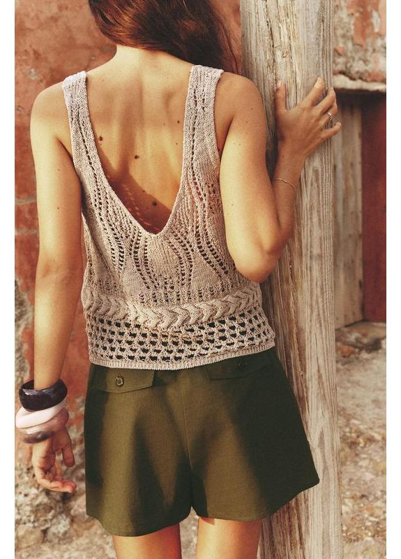 Оливковая (хаки) юбка-шорты с высокой посадкой, из смеси льна. Zara