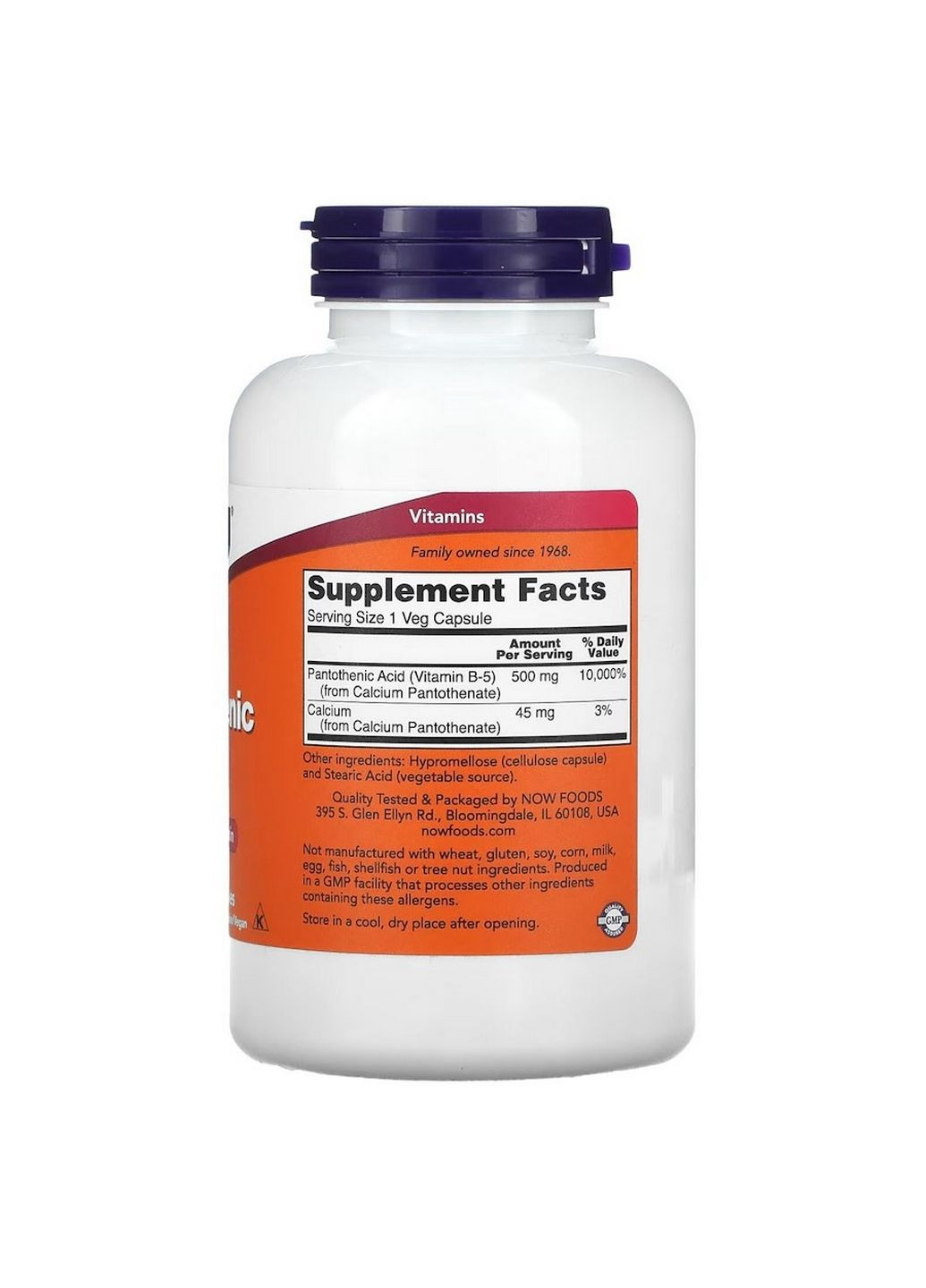 Вітаміни та мінерали Pantothenic Acid 500 mg, 250 вегакапсул Now (294927032)