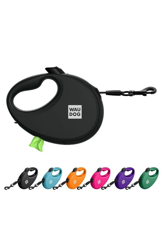 Поводок-рулетка для собак R-leash с контейнером для пакетов, светоотражающая лента, M, до 20 кг, 5 м, черный WAUDOG (331068479)
