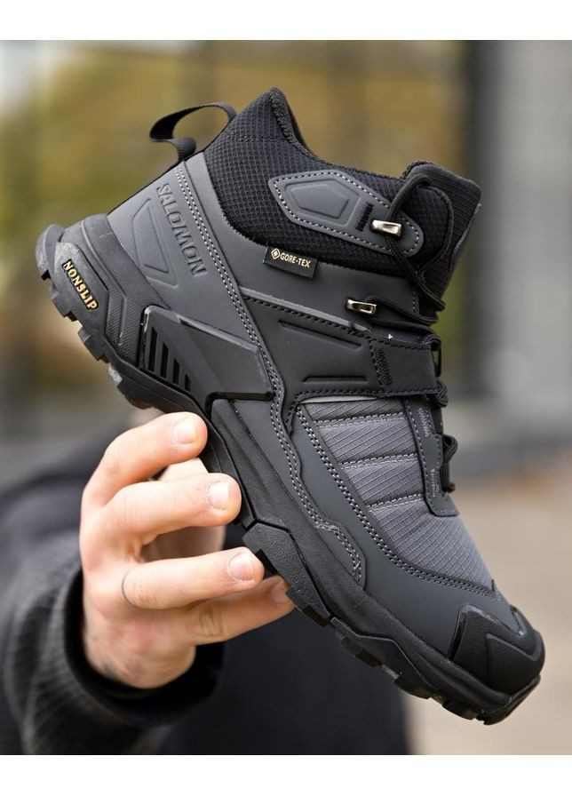 Серые зимние зимние термо ботинки salomon black/grey No Brand