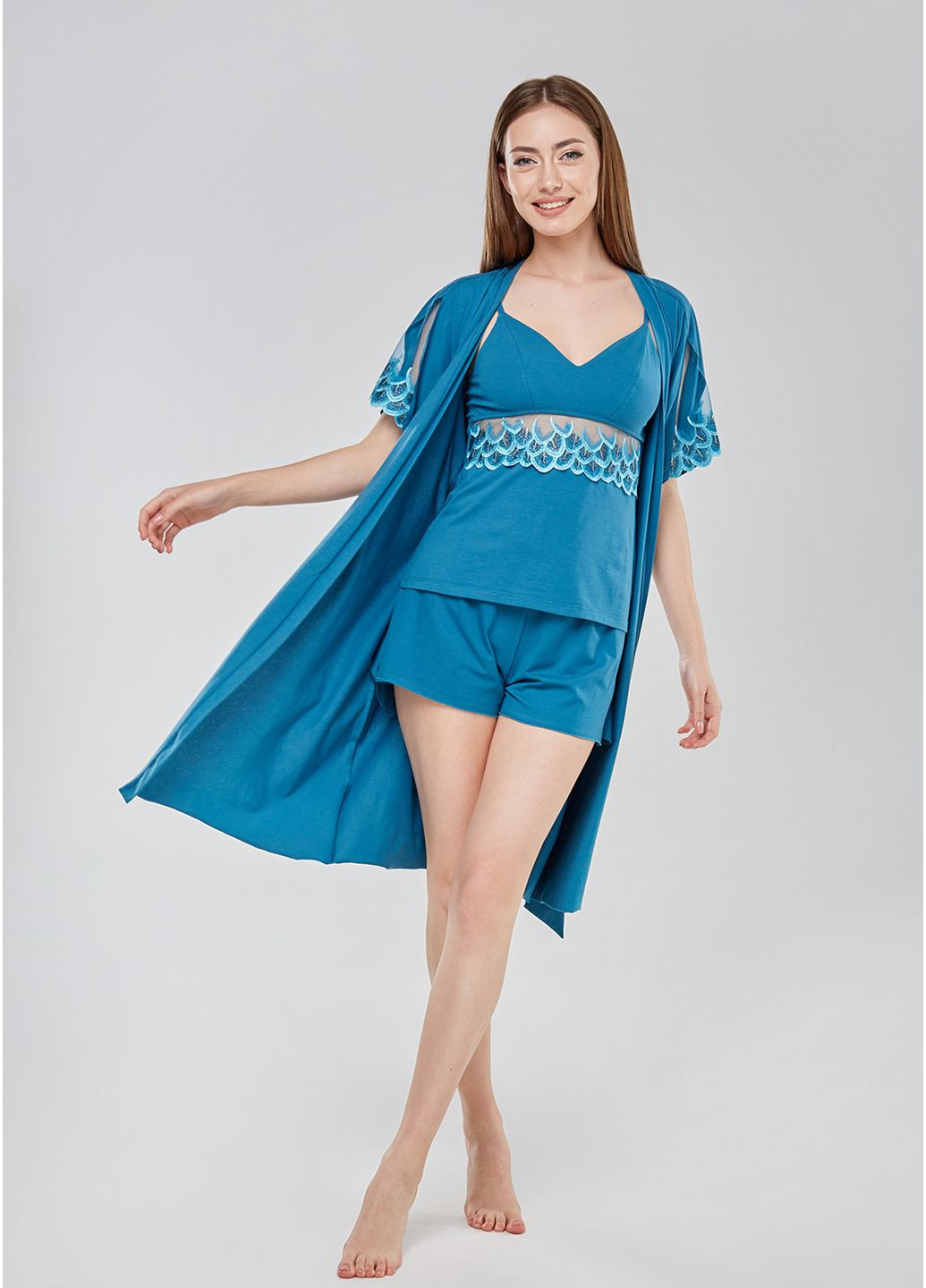 Морської хвилі всесезон піжама жіноча з шортами, кольори морської хвилі з мереживом. майка + шорти ORA