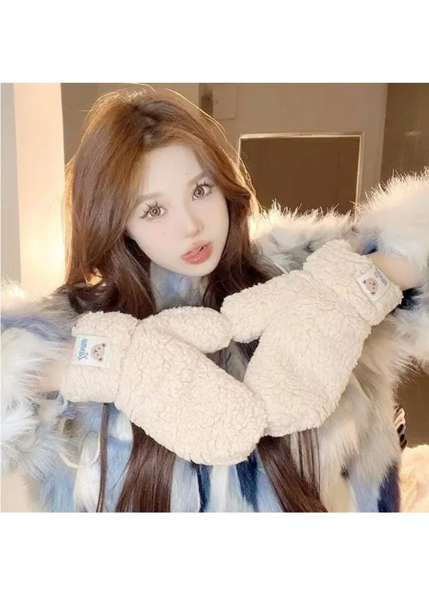 Рукавиці хутряні Тедді бежеві унісекс зі шнурком 21 см зі штучного хутра, теплі зимові для дорослих і підлітків No Brand (362961378)