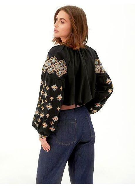Чорна колоритна чорна блуза вишиванка з геометричним орнаментом, жіноча сорочка з вишивкою, етно рубашка вишита візерунок геометричний пряма, вільна бавовна, поліестер (352189083)