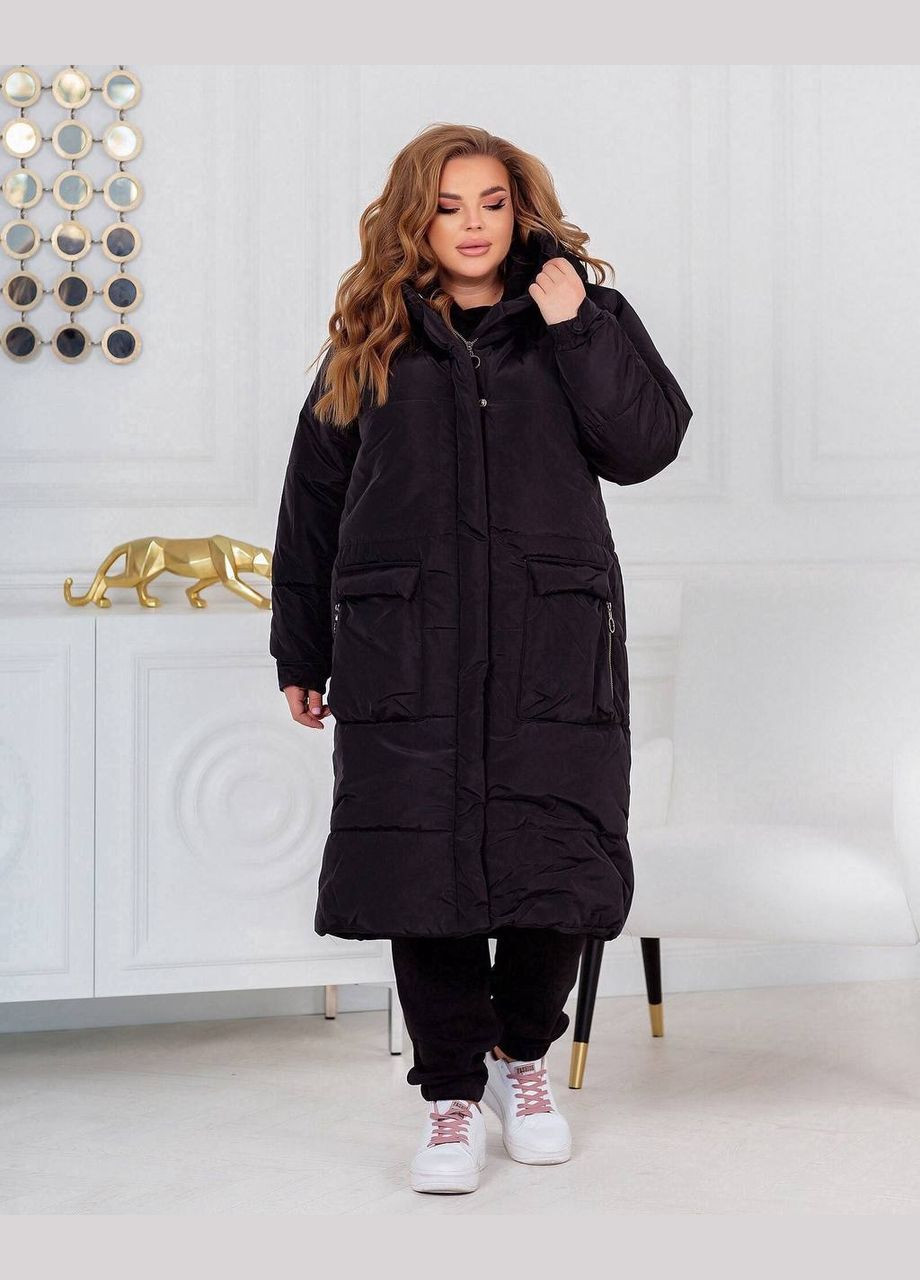 Черная женская теплая куртка-пальто с капюшоном цвет черный р.42/44 448984 New Trend