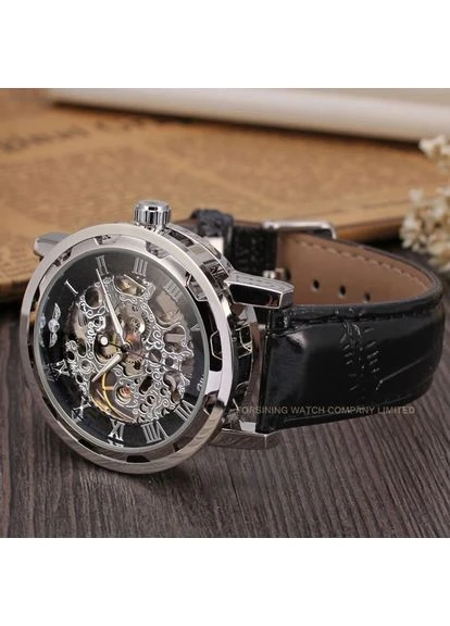 Чоловічий механічний годинник Black Pure Silver, 2 ремінці Winner (383038217)