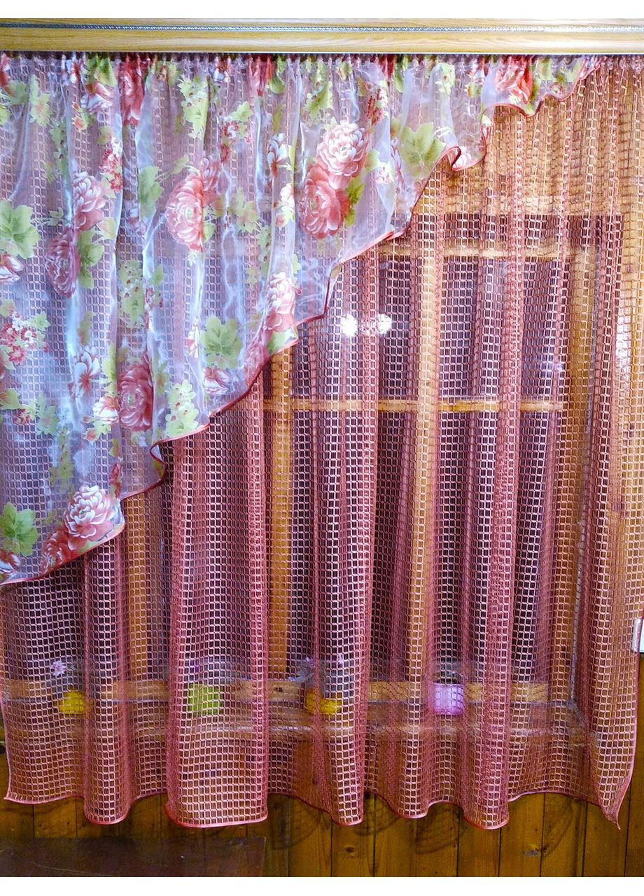 Фіранка кухонна коротка Фаїна теракот півонія ліва No Brand (372134032)