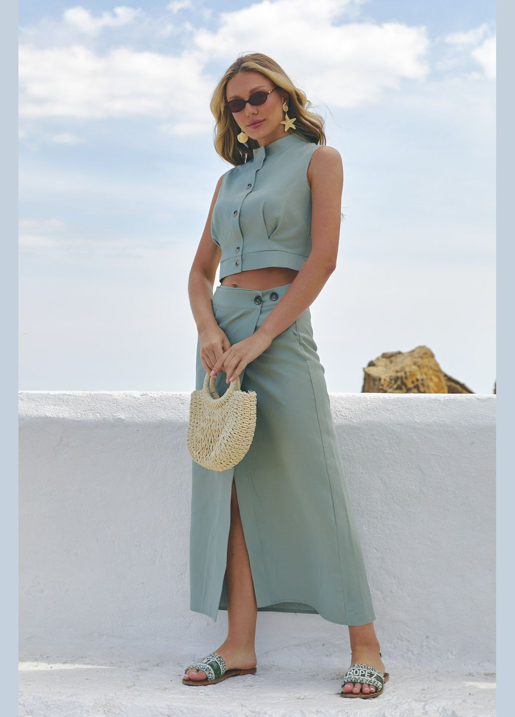 Довга спідниця жіноча максі на запах лляна з кишенями ST-Seventeen (333832821)