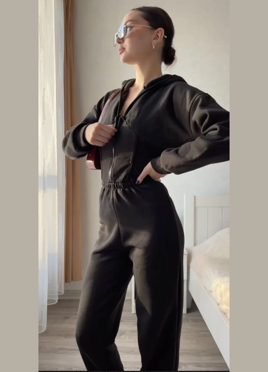 Женский комбинезон с капюшоном FINO Mode комбинезон-брюки чёрный спортивный, повседневный, кэжуал трикотаж, трехнитка с начесом